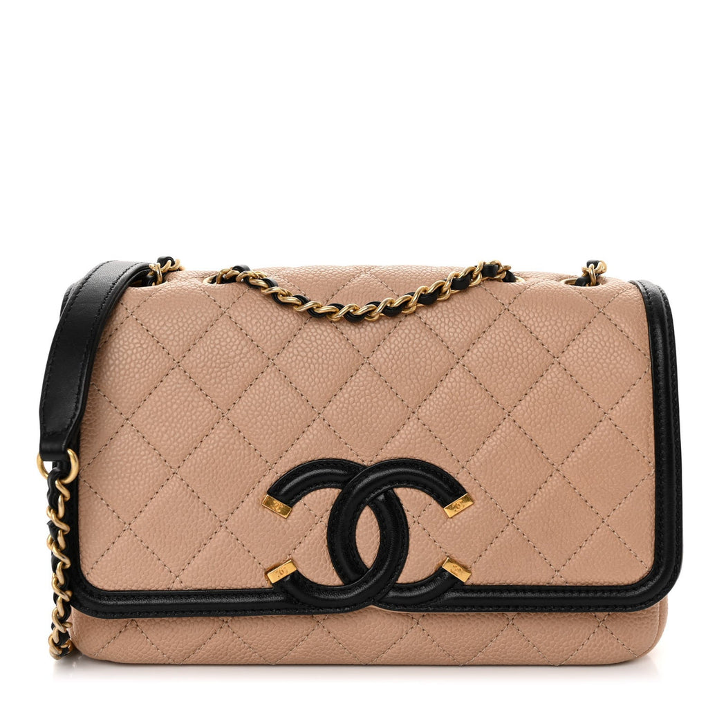 Caviar Quilted Small CC Filigree Flap Beige Black