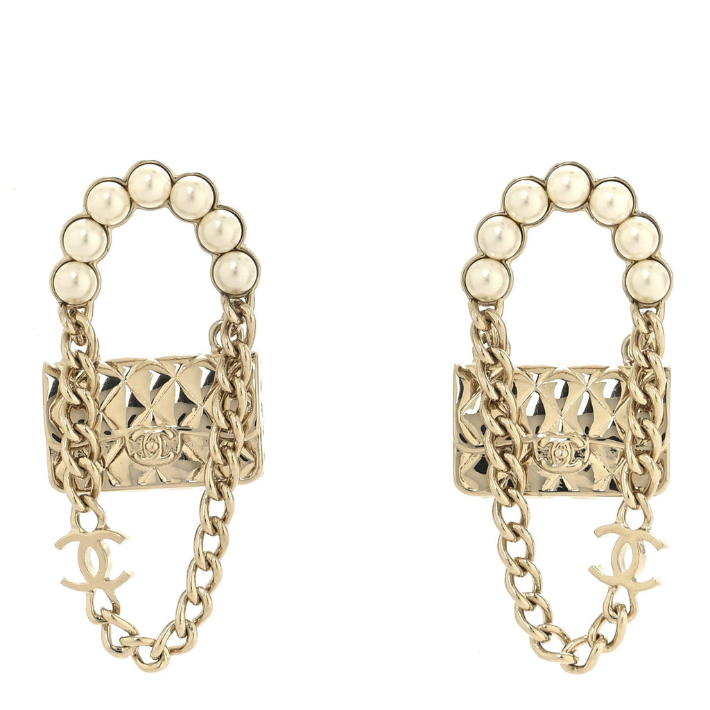 Metal Pearl Quilted CC Flap Bag Earrings  Gold