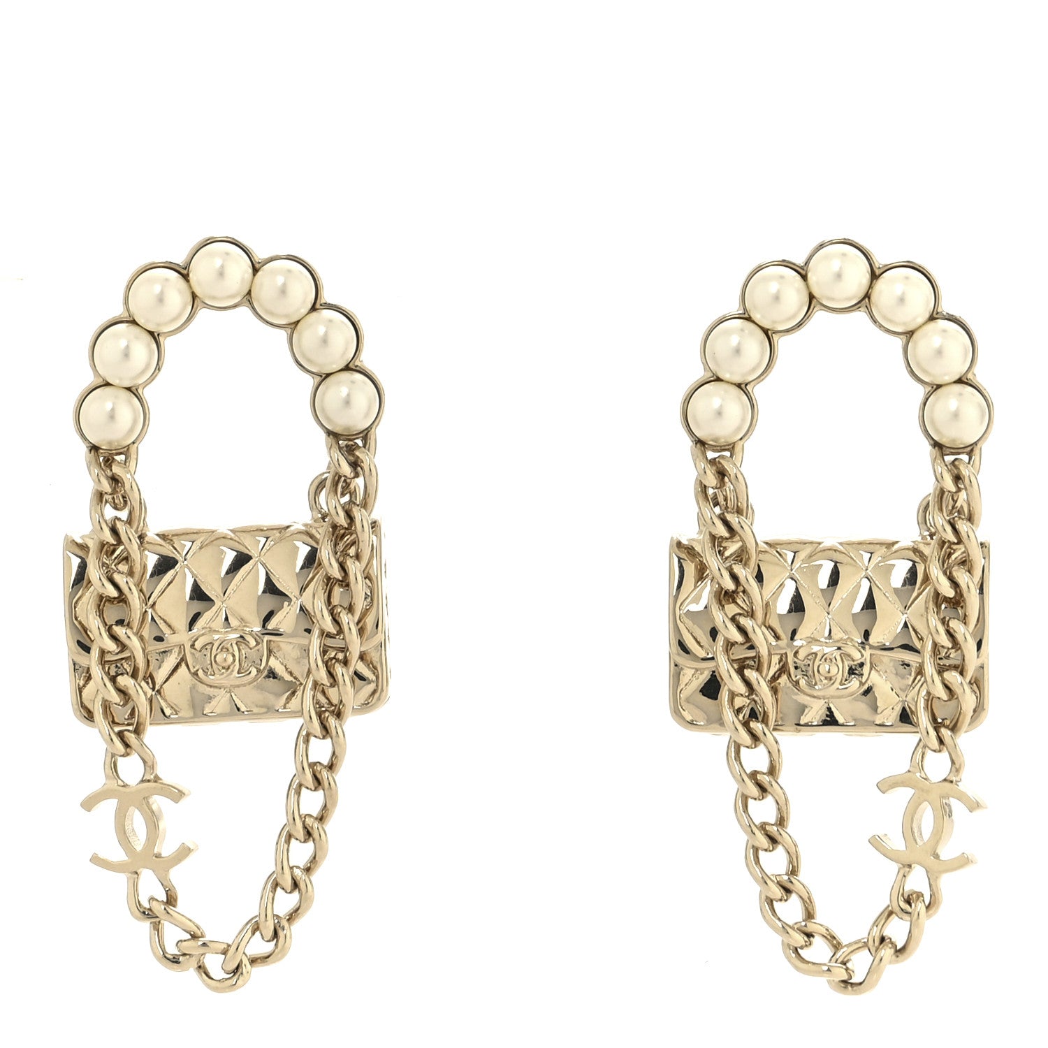 Metal Pearl Quilted CC Flap Bag Earrings  Gold