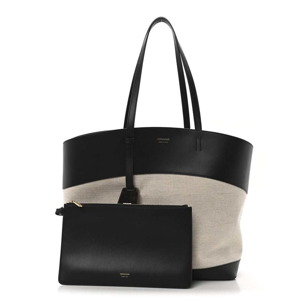 Canvas Calfskin Medium Charming Tote Natural Black