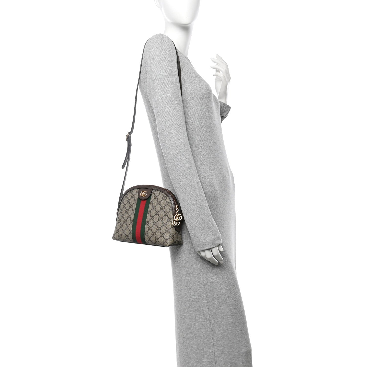 GG Supreme Monogram Textured Dollar Calfskin Web Small Ophidia Dome Shoulder Bag Beige Ebony New Acero