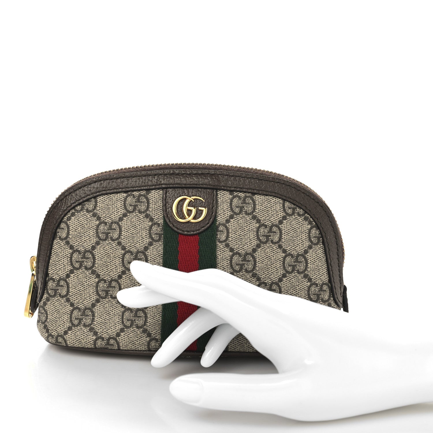 GG Supreme Monogram Textured Calfskin Web Medium Ophidia Cosmetic Case Beige Ebony New Acero