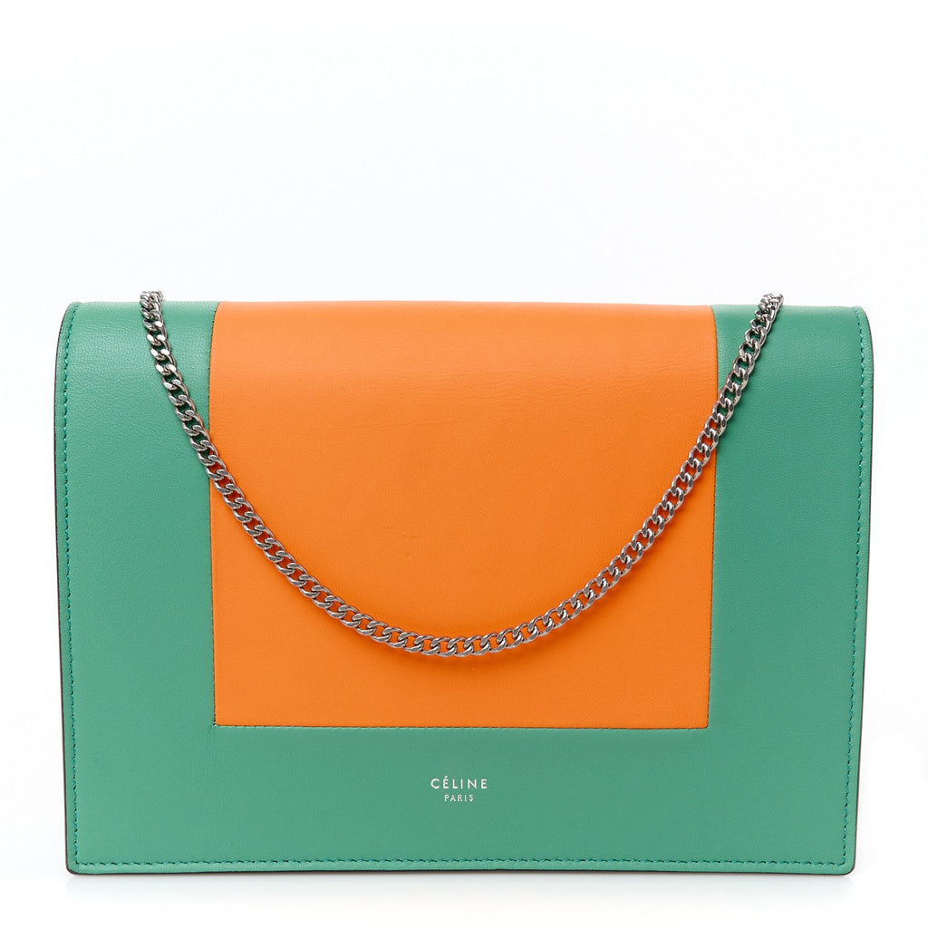 Smooth Lambskin Frame Evening Chain Clutch Green Orange