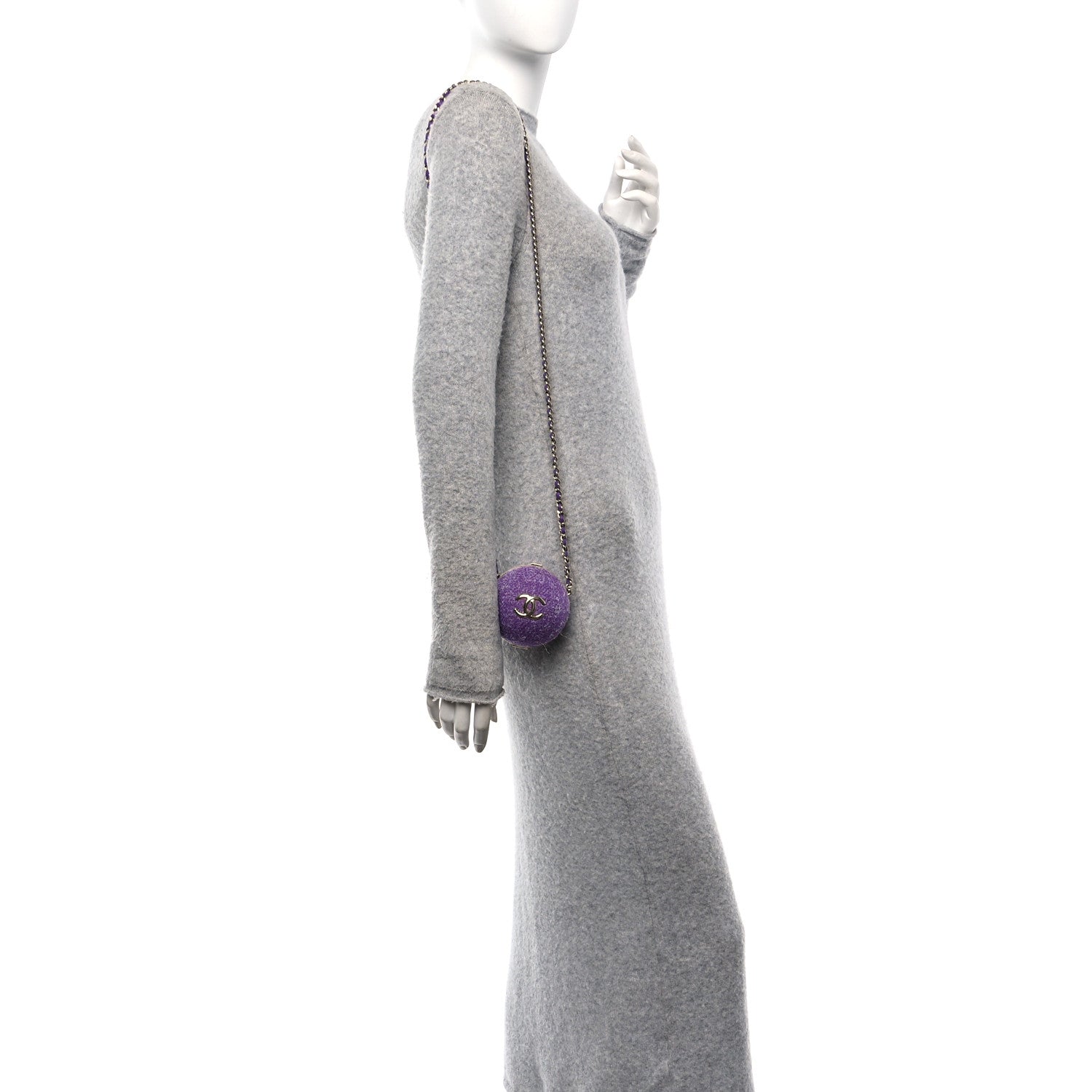 Tweed Minaudiere Round Chain Clutch Purple