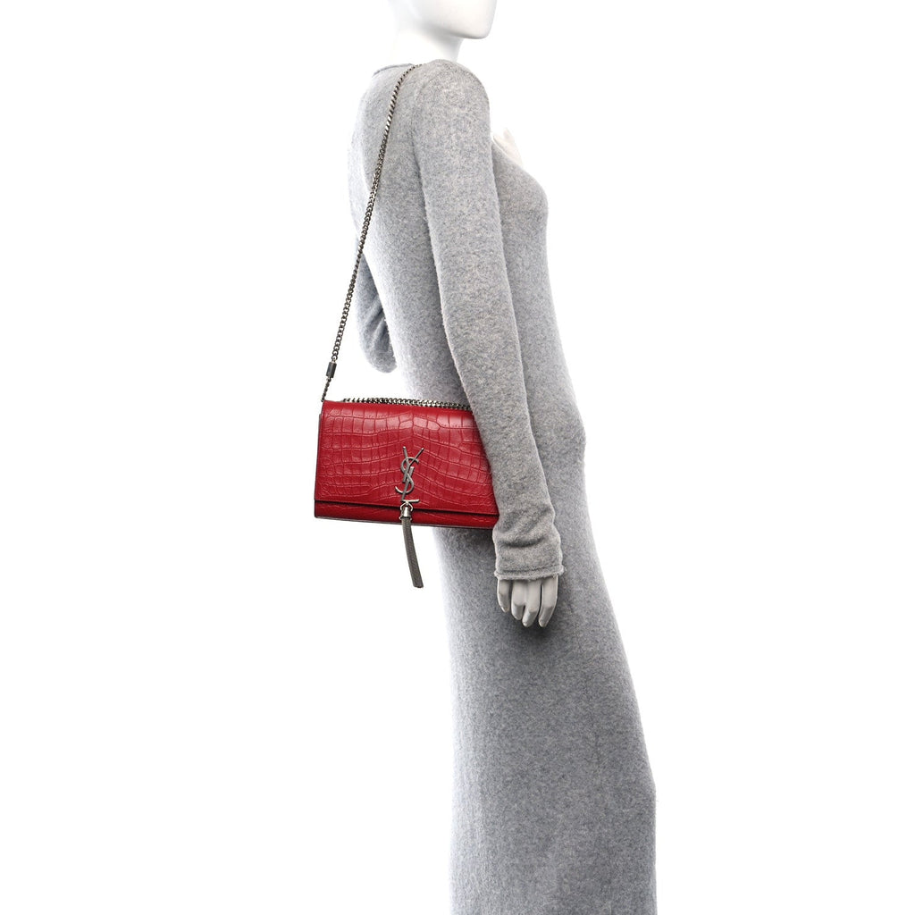 Calfskin Crocodile Embossed Medium Classic Monogram Kate Tassel Satchel New Red
