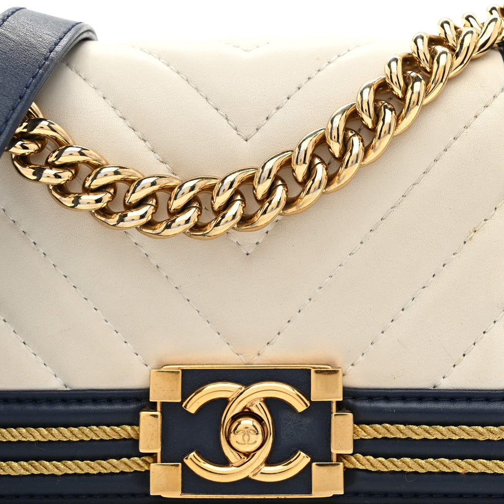 Calfskin Chevron Quilted Braided Small Boy Flap White Navy