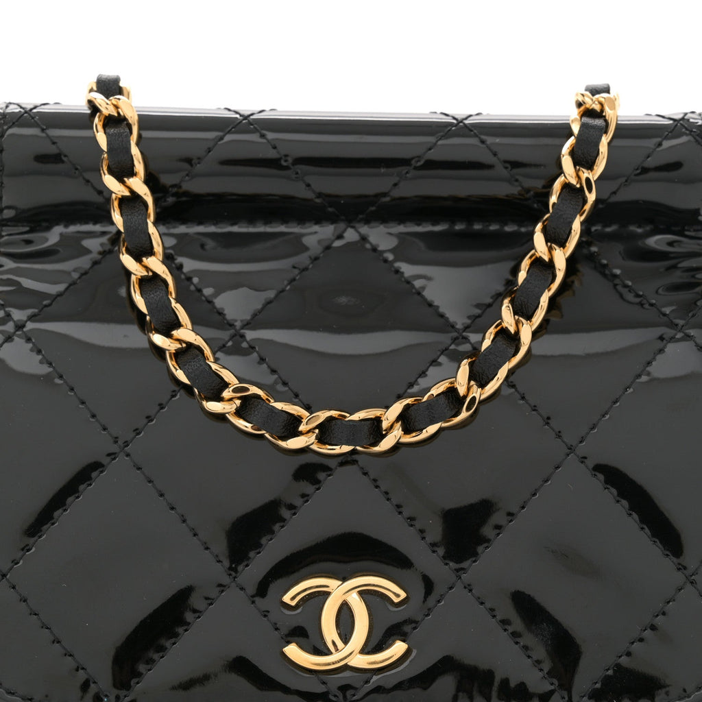 Patent Quilted Frame Clutch Flap With Chain Black