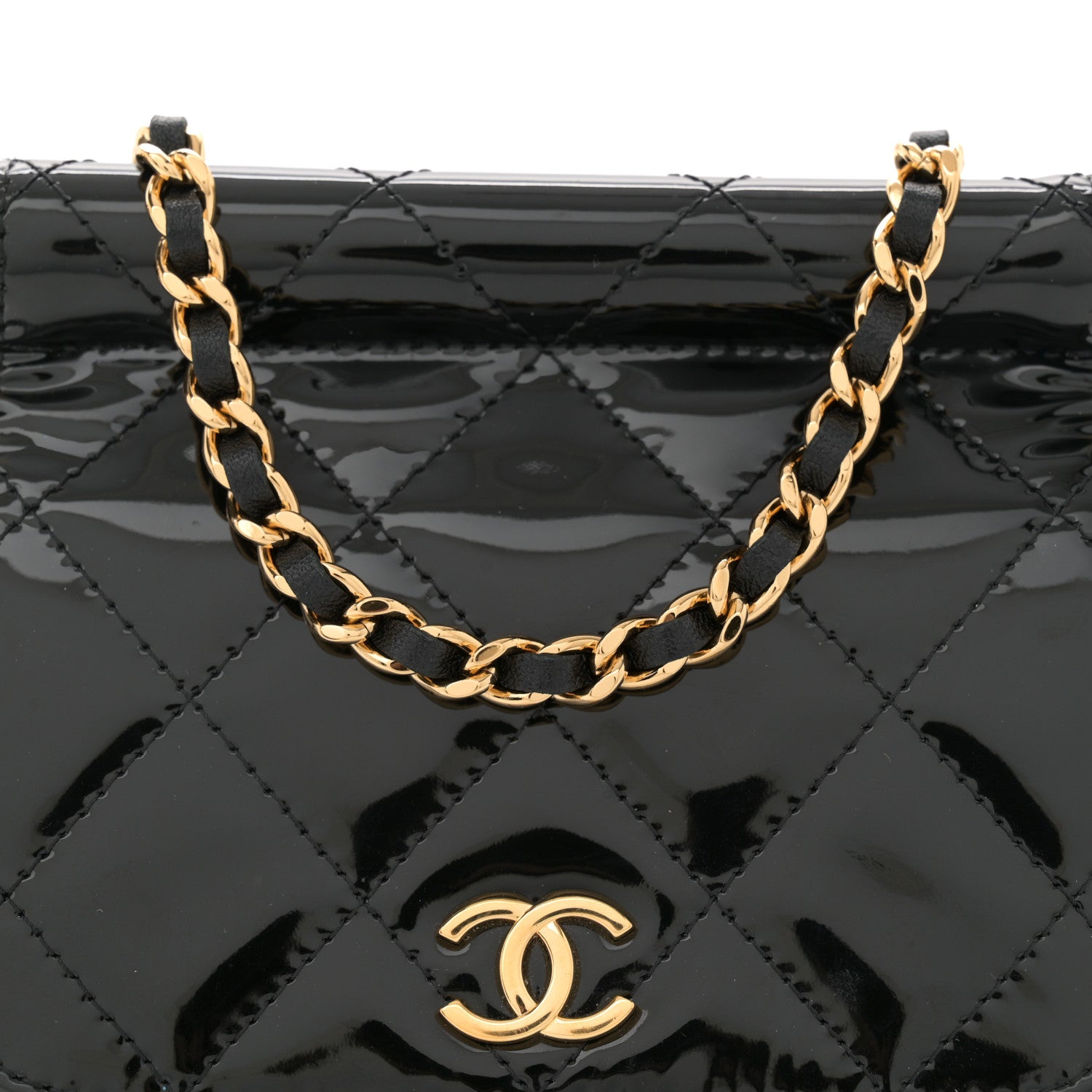 Patent Quilted Frame Clutch Flap With Chain Black