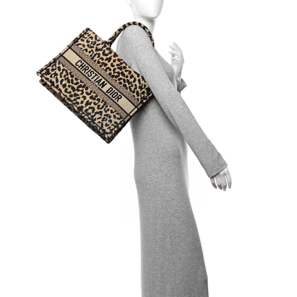 Canvas Mizza Embroidered Medium Leopard Book Tote Beige