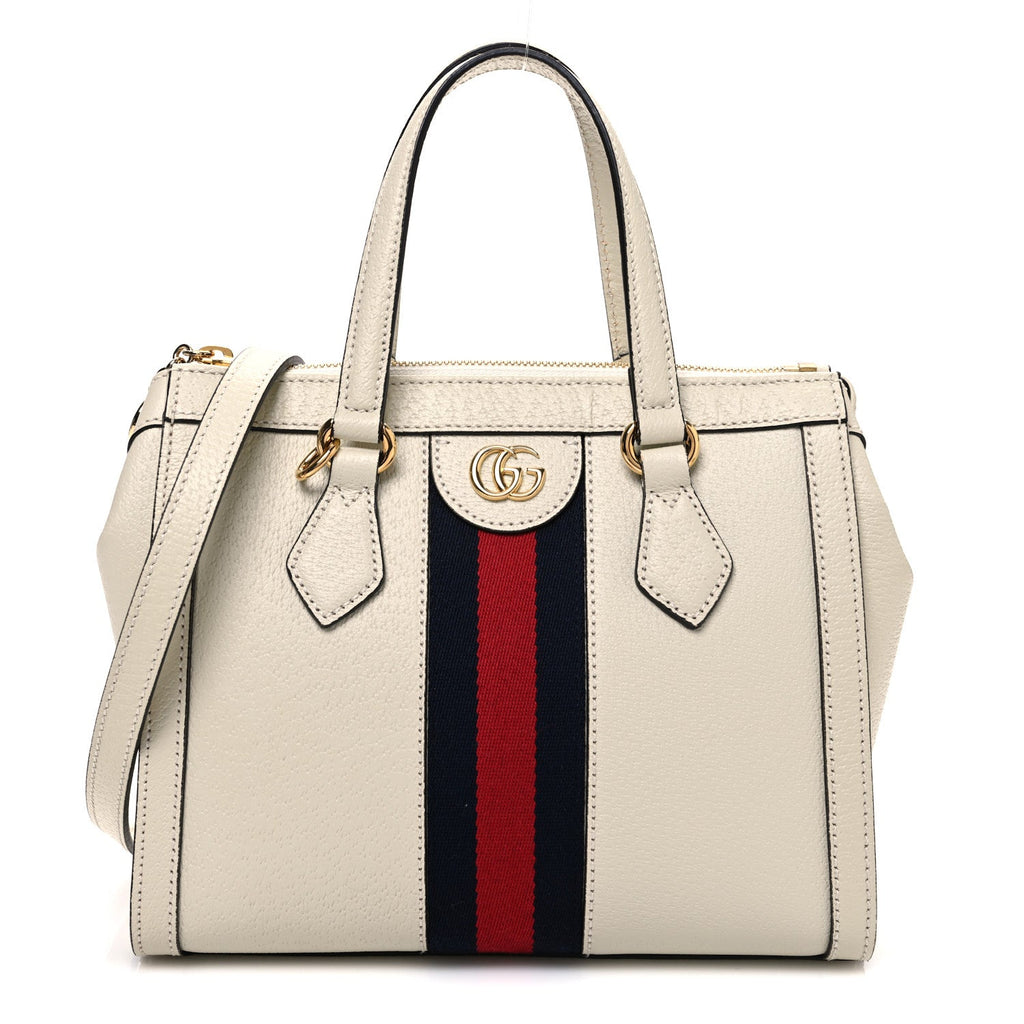 Textured Calfskin Web Small Ophidia Tote Bag Mystic White