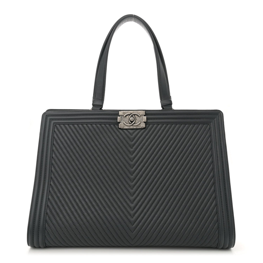 Calfskin Chevron Quilted Boy Shopping Tote Grey