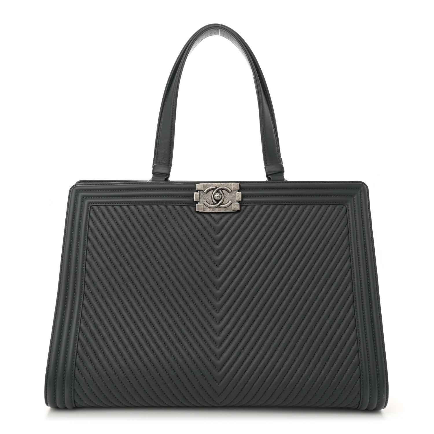 Calfskin Chevron Quilted Boy Shopping Tote Grey
