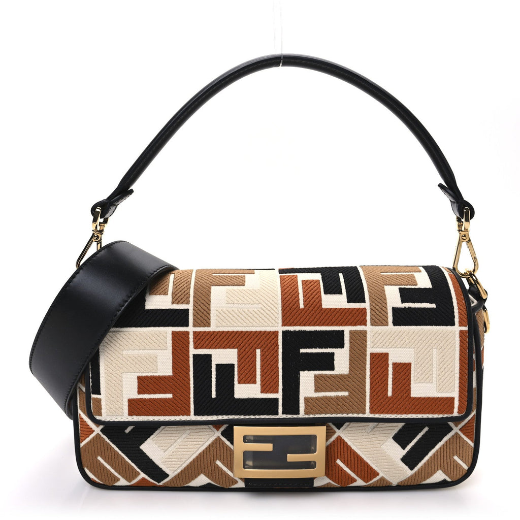 Canvas Vitello Seta FF Multicolor Embroidered Baguette Brandy Black