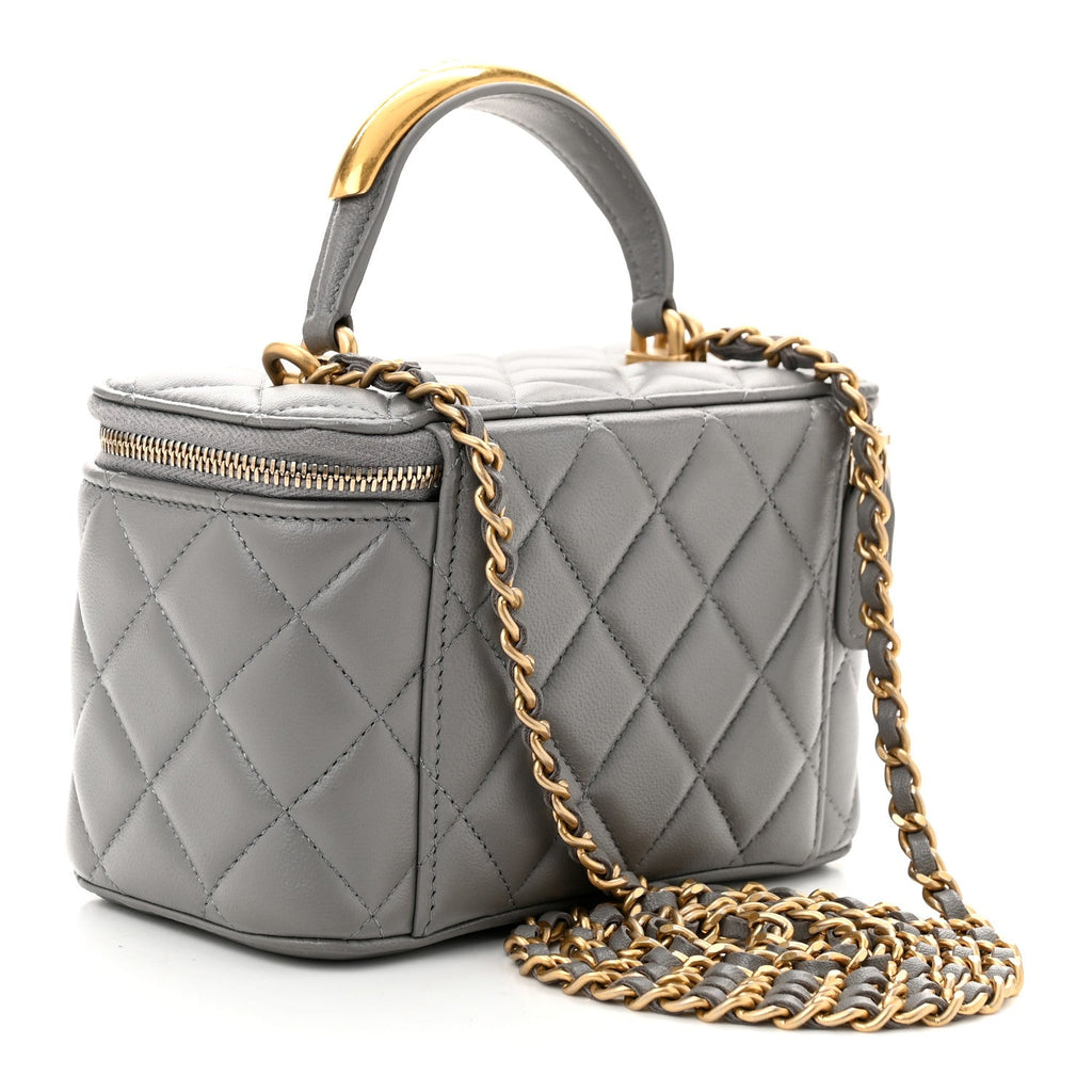 Lambskin Quilted Metal Small Top Handle Vanity Case With Chain Grey