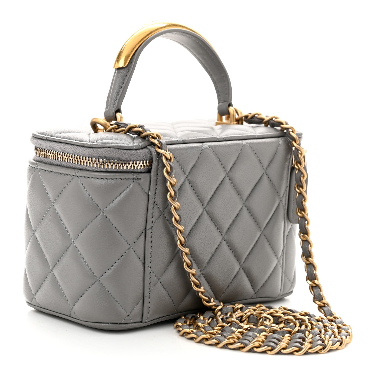 Lambskin Quilted Metal Small Top Handle Vanity Case With Chain Grey