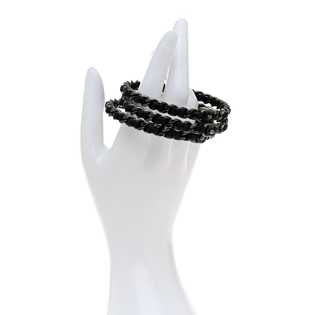 Lambskin Ruthenium Chain CC Bangle Bracelets Set of 3 Navy