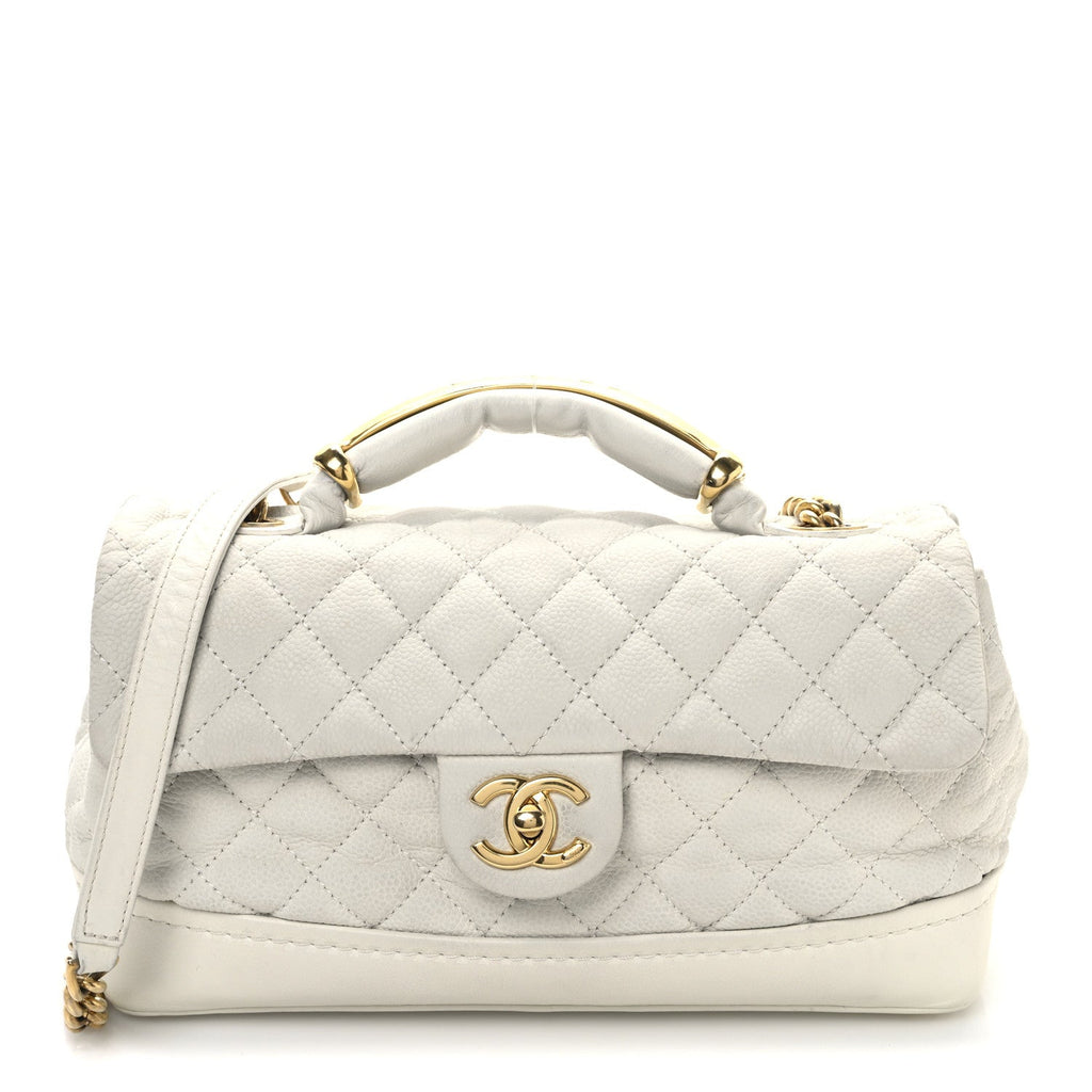 Iridescent Caviar Quilted Medium Globe Trotter Flap White