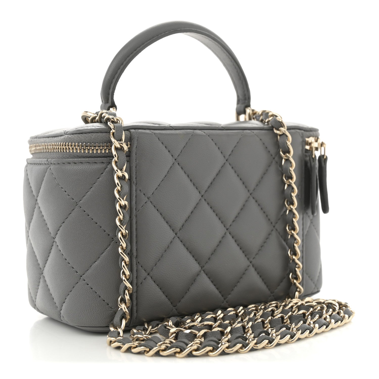 Lambskin Quilted Small Top Handle Vanity Case With Chain Dark Grey