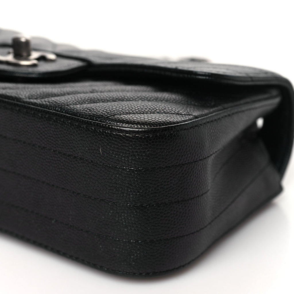 Metallic Caviar Chevron Quilted Mini Rectangular Flap Black