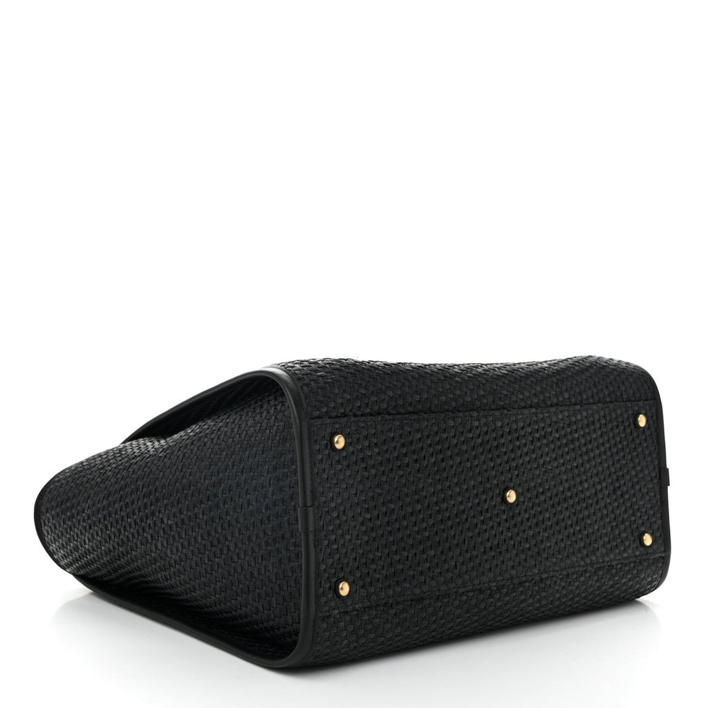 Straw Raffia Calfskin Chain Medium Deauville Tote Black