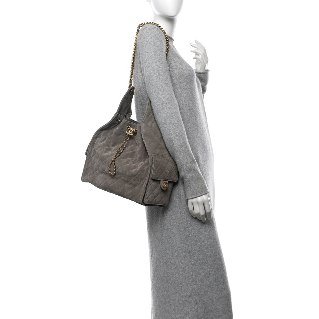 Suede Quilted Medium Chanel 25 Handbag Grey