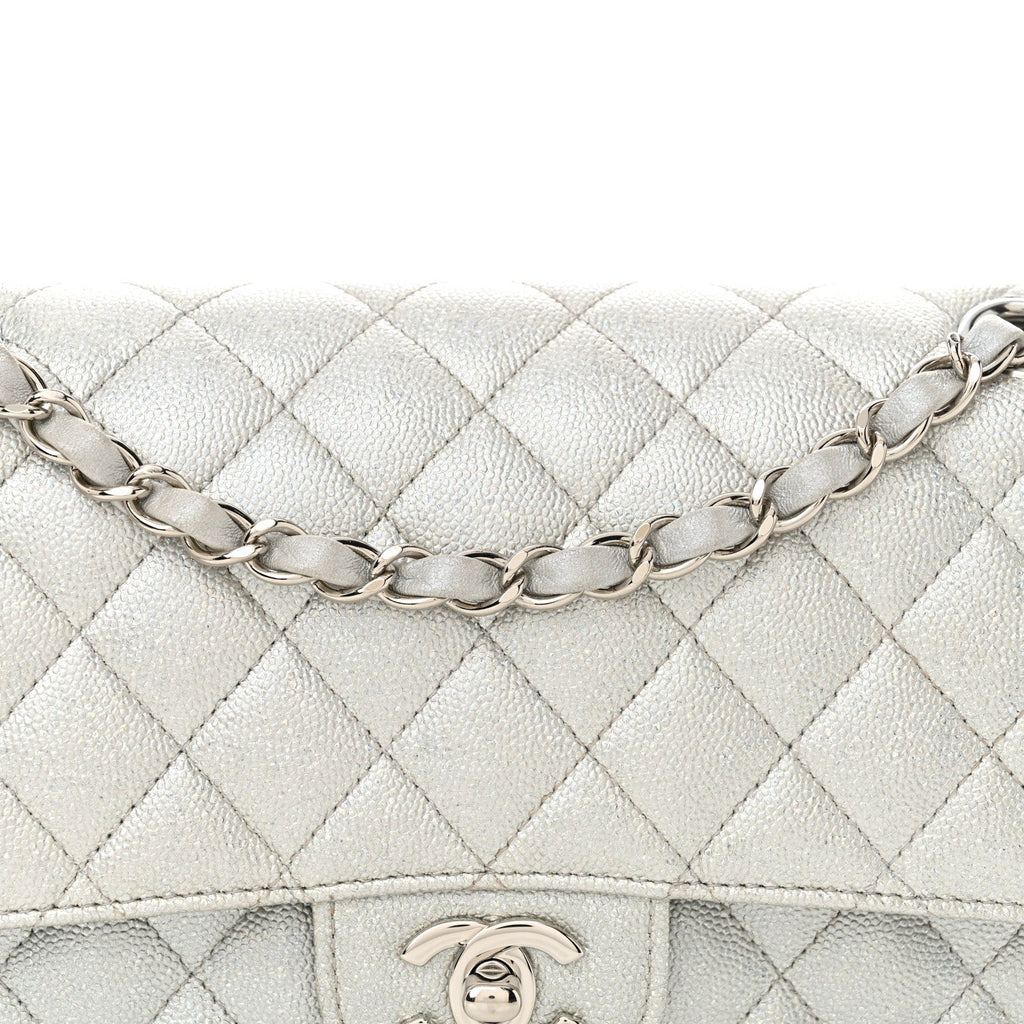 Glittered Metallic Caviar Quilted Medium Double Flap Silver