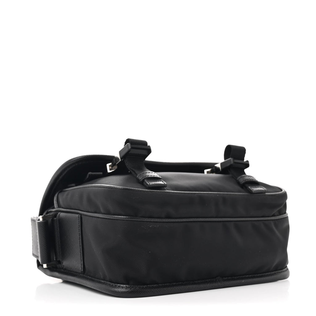 Re-Nylon Saffiano Pocket Double Snap Buckle Shoulder Bag Black