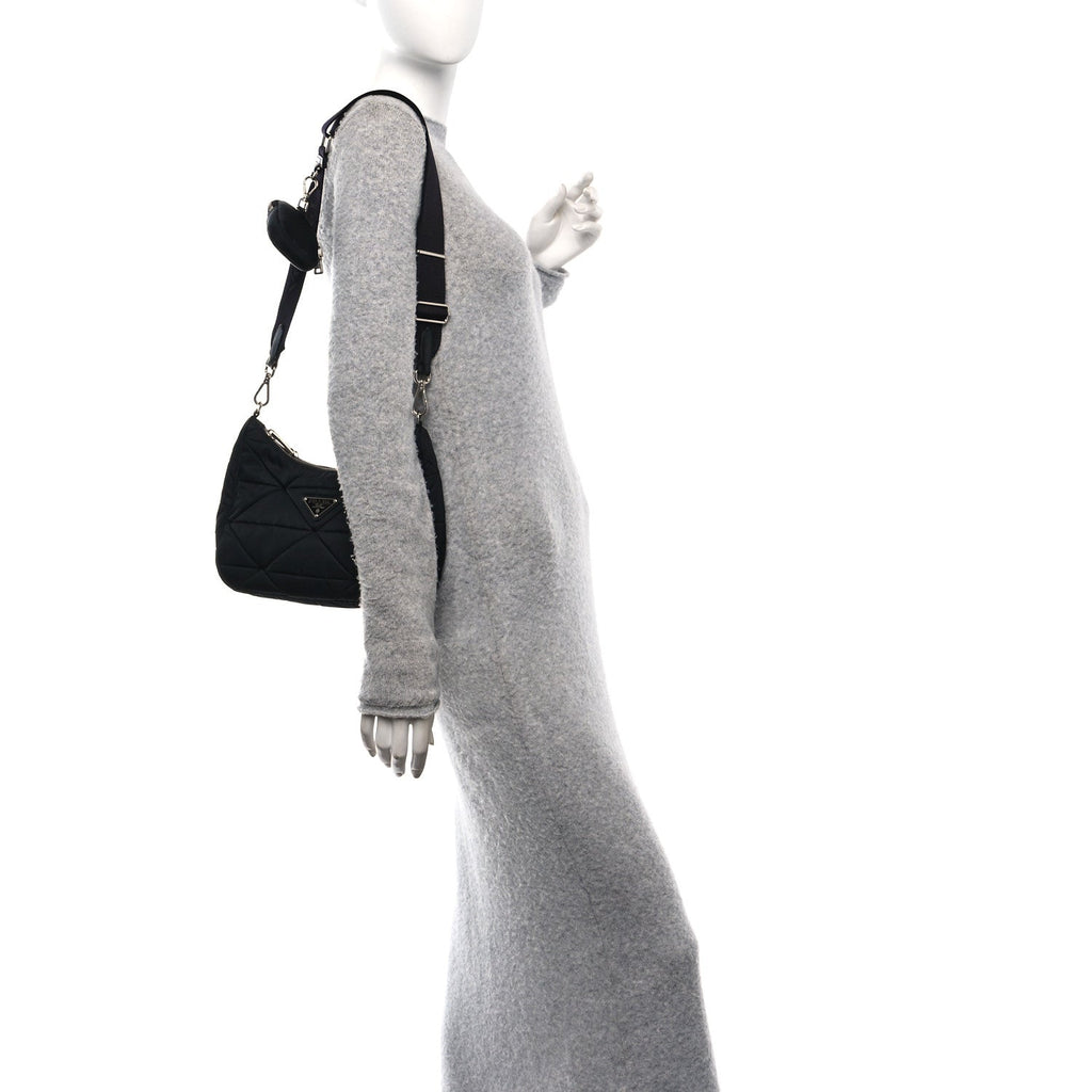 Re-Nylon Triangle Padded Patchwork Shoulder Bag Black