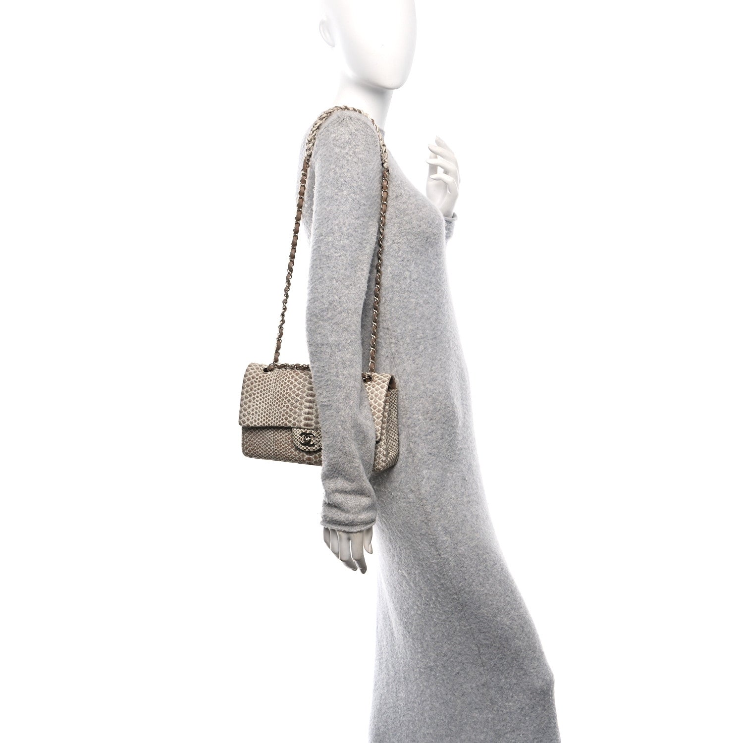 Snakeskin Medium Double Flap Beige