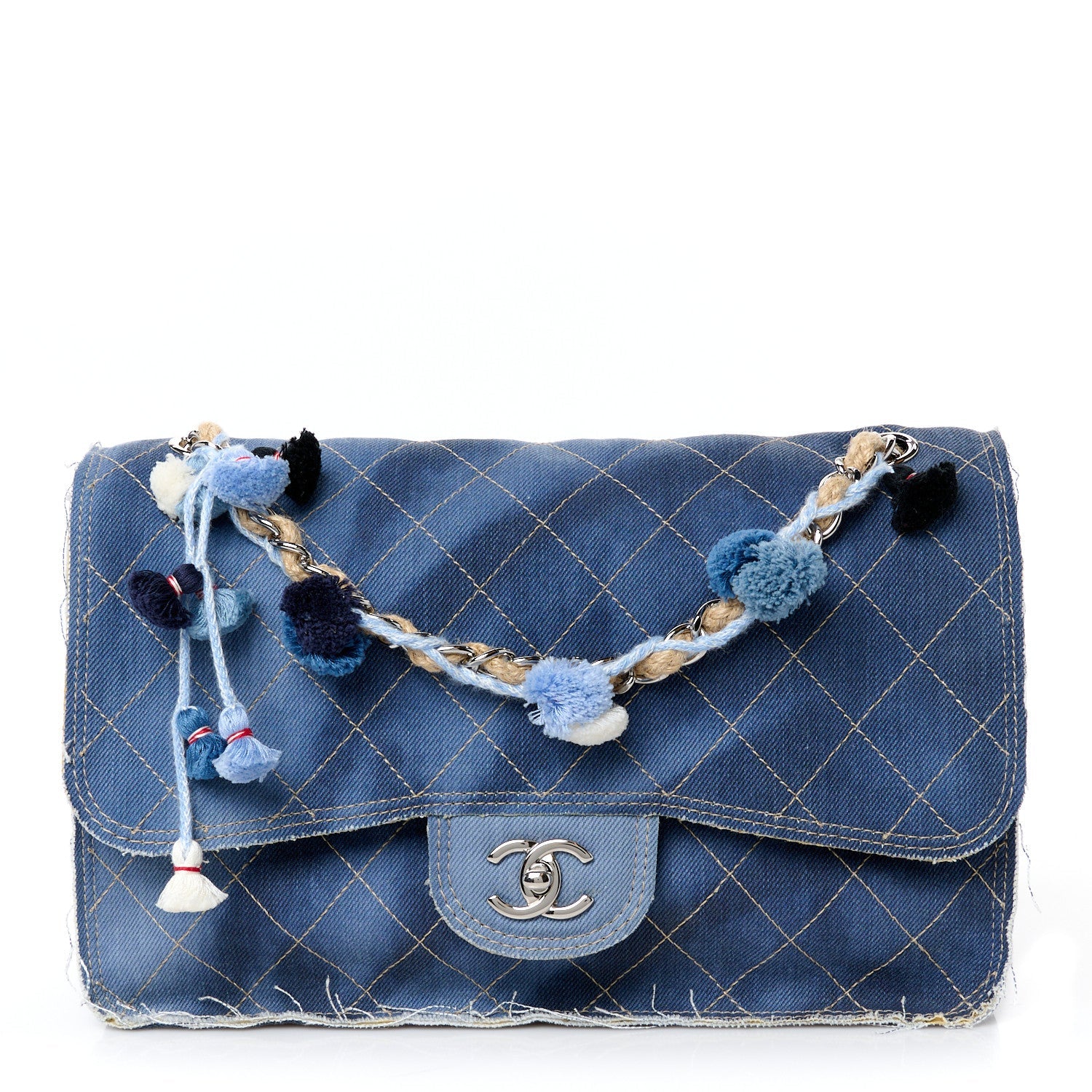 Denim Quilted Jumbo Pompom Flap Dark Blue