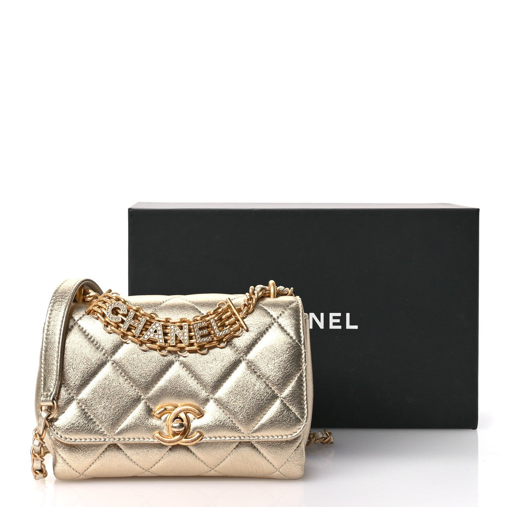 Metallic Lambskin Quilted Mini CC Crystal Logo Chain Flap Gold