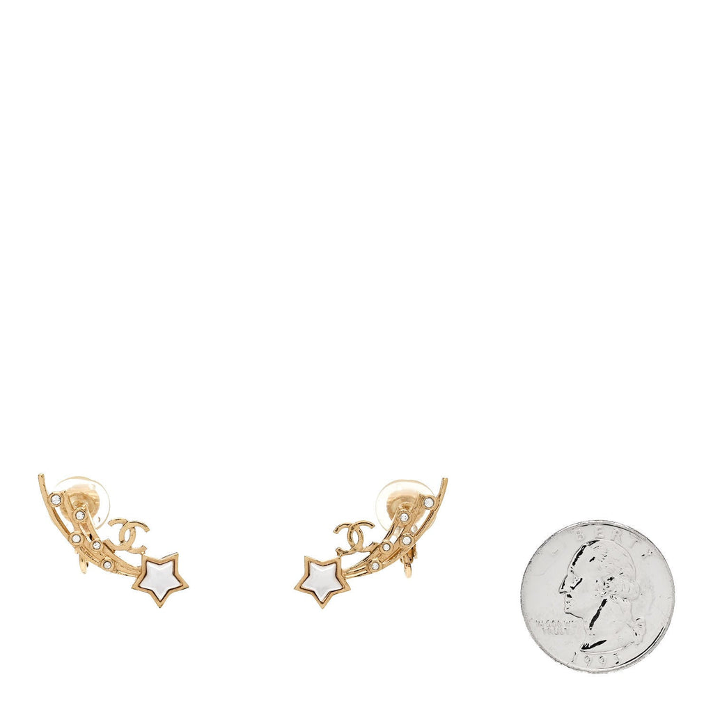 Metal Crystal Pearl CC Star Fall Earrings Gold Pearly White