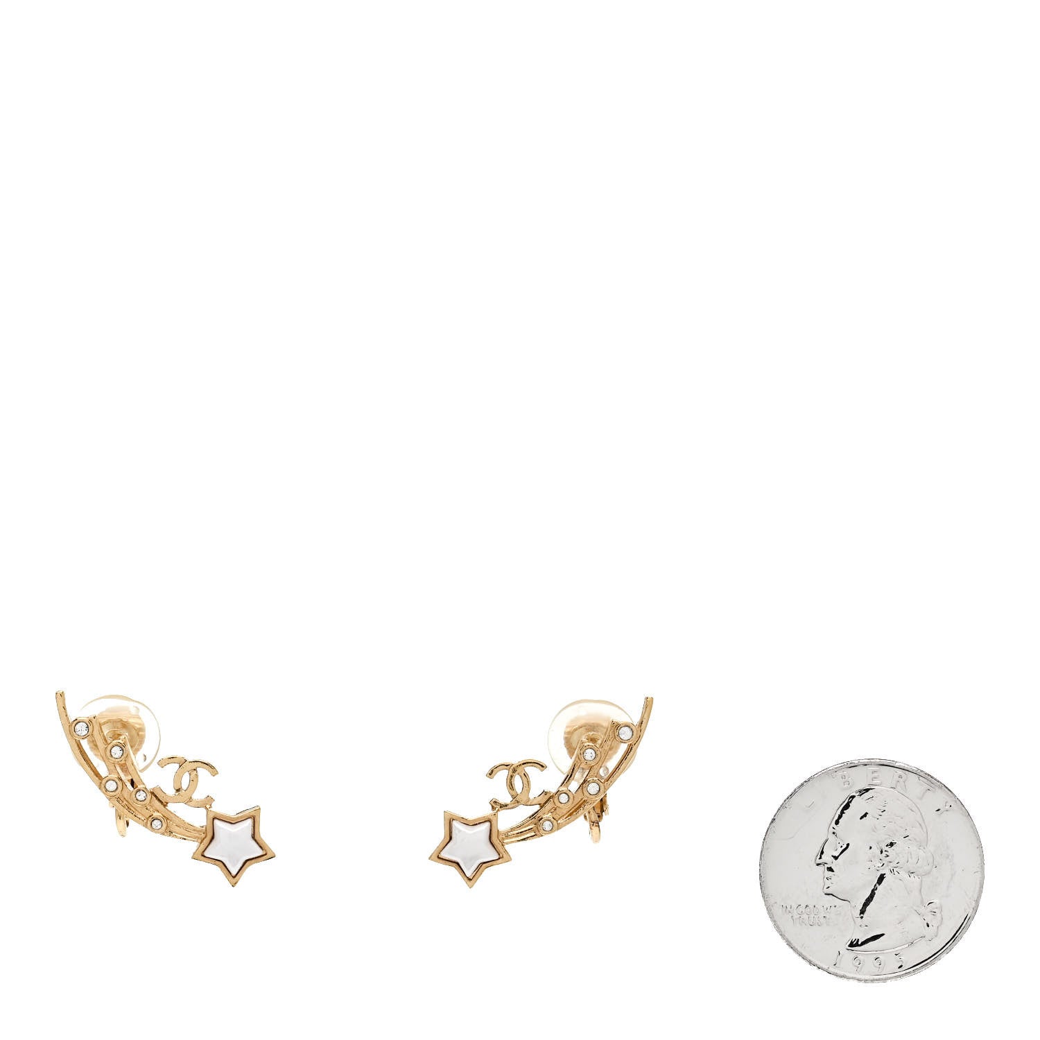 Metal Crystal Pearl CC Star Fall Earrings Gold Pearly White
