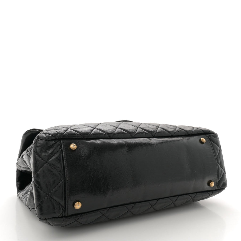 Glazed Calfskin Castle Rock Large Flap Black Burgundy