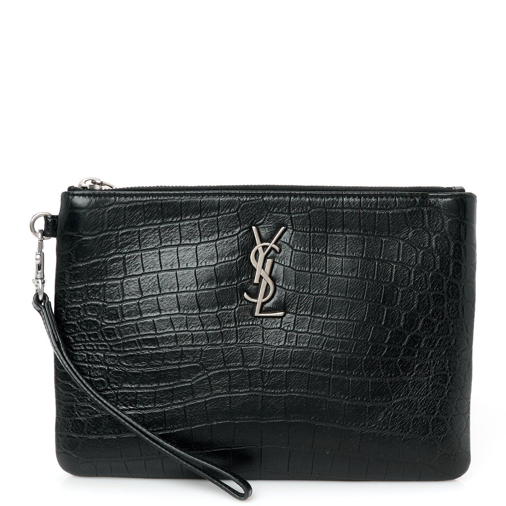 Calfskin Crocodile Embossed Monogram Zip Pouch Black