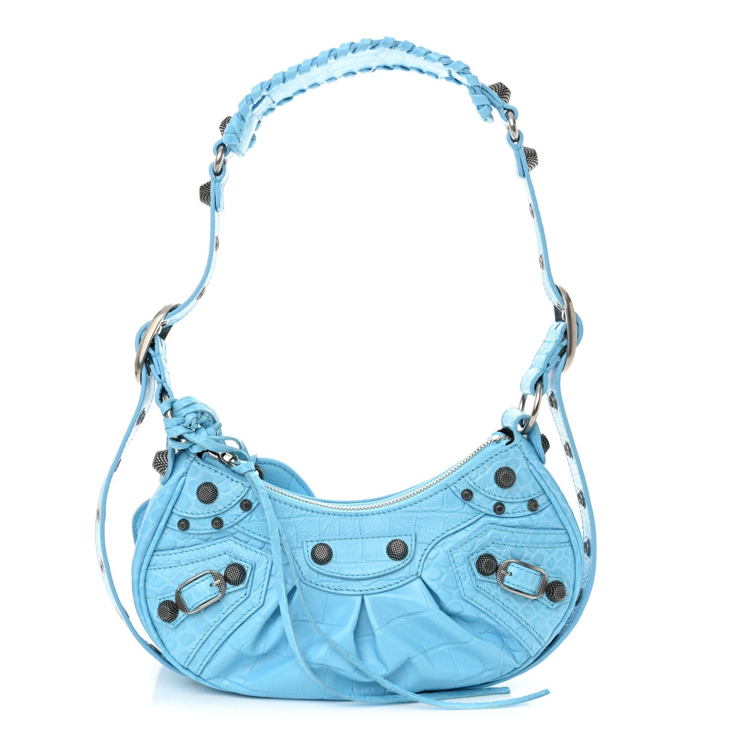 Extra Supple Calfskin Crocodile Embossed Le Cagole Shoulder Bag XS Sky Blue