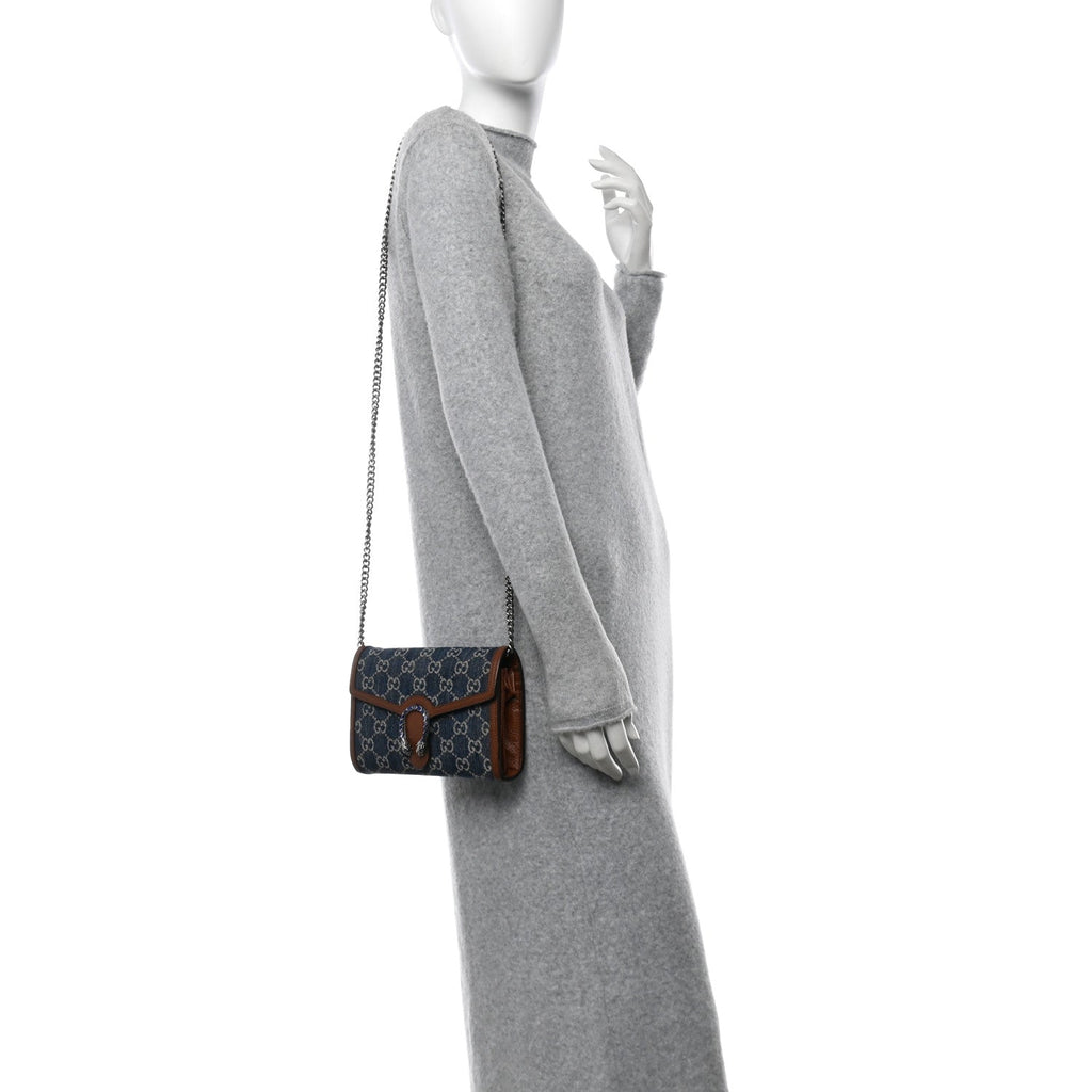 New Denim GG Monogram Dollar Calfskin Enamel Mini Dionysus Chain Wallet Blue Tea Cuir Epilog Electric Blue