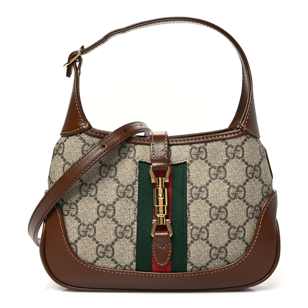 GG Supreme Monogram Azalea Calfskin Web Mini Jackie 1961 Hobo Beige Ebony Brown Sugar