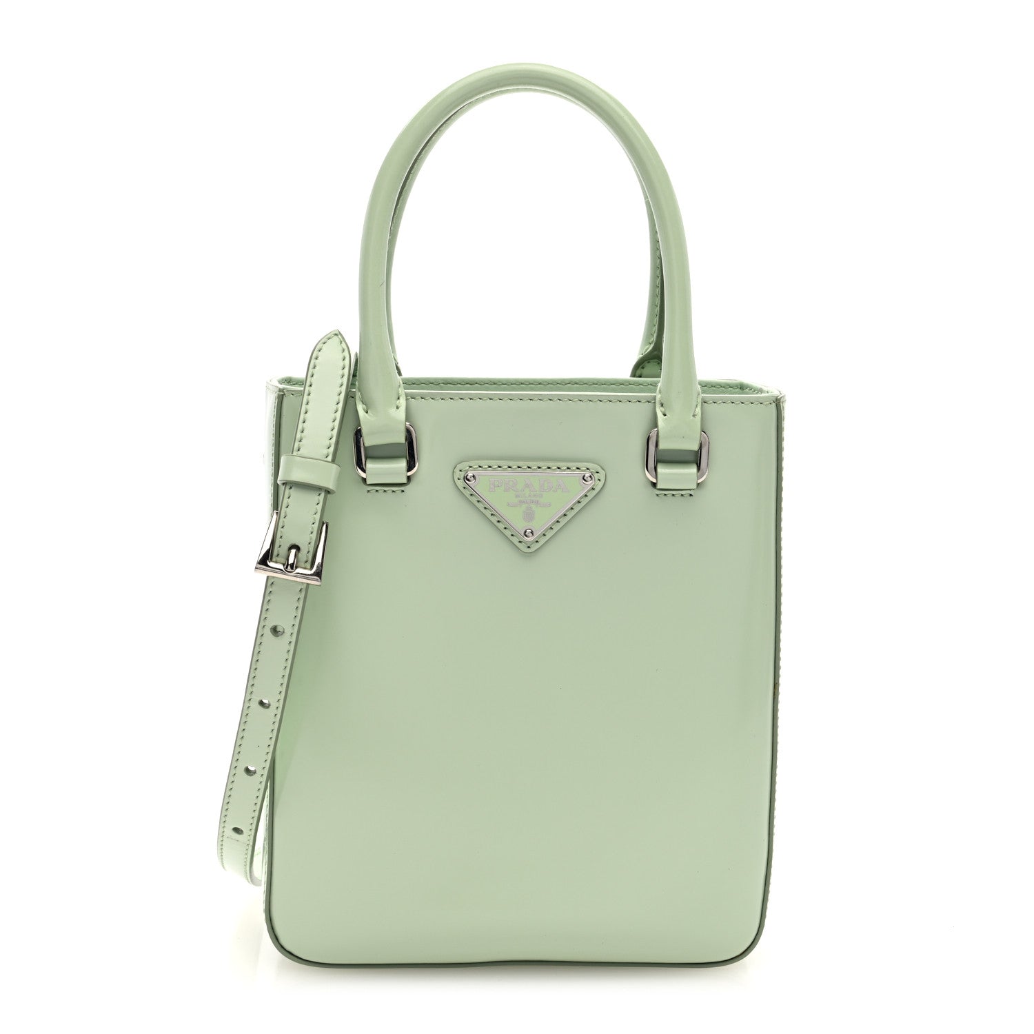 Spazzolato Metal Triangle Logo Small Double Handle Crossbody Tote Acqua