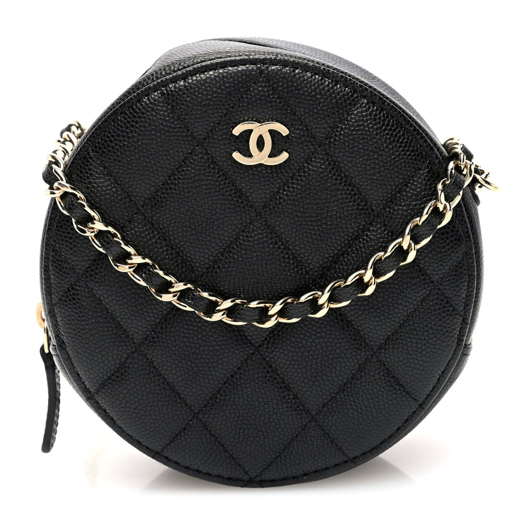 Caviar Quilted Round Clutch With Chain Black
