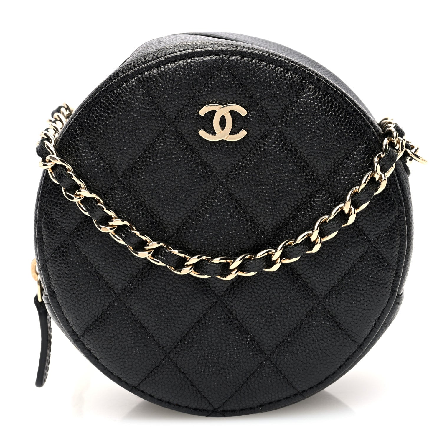 Caviar Quilted Round Clutch With Chain Black