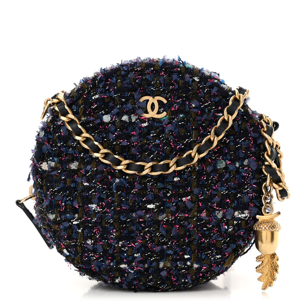 Tweed Quilted Round Clutch With Chain Multicolor