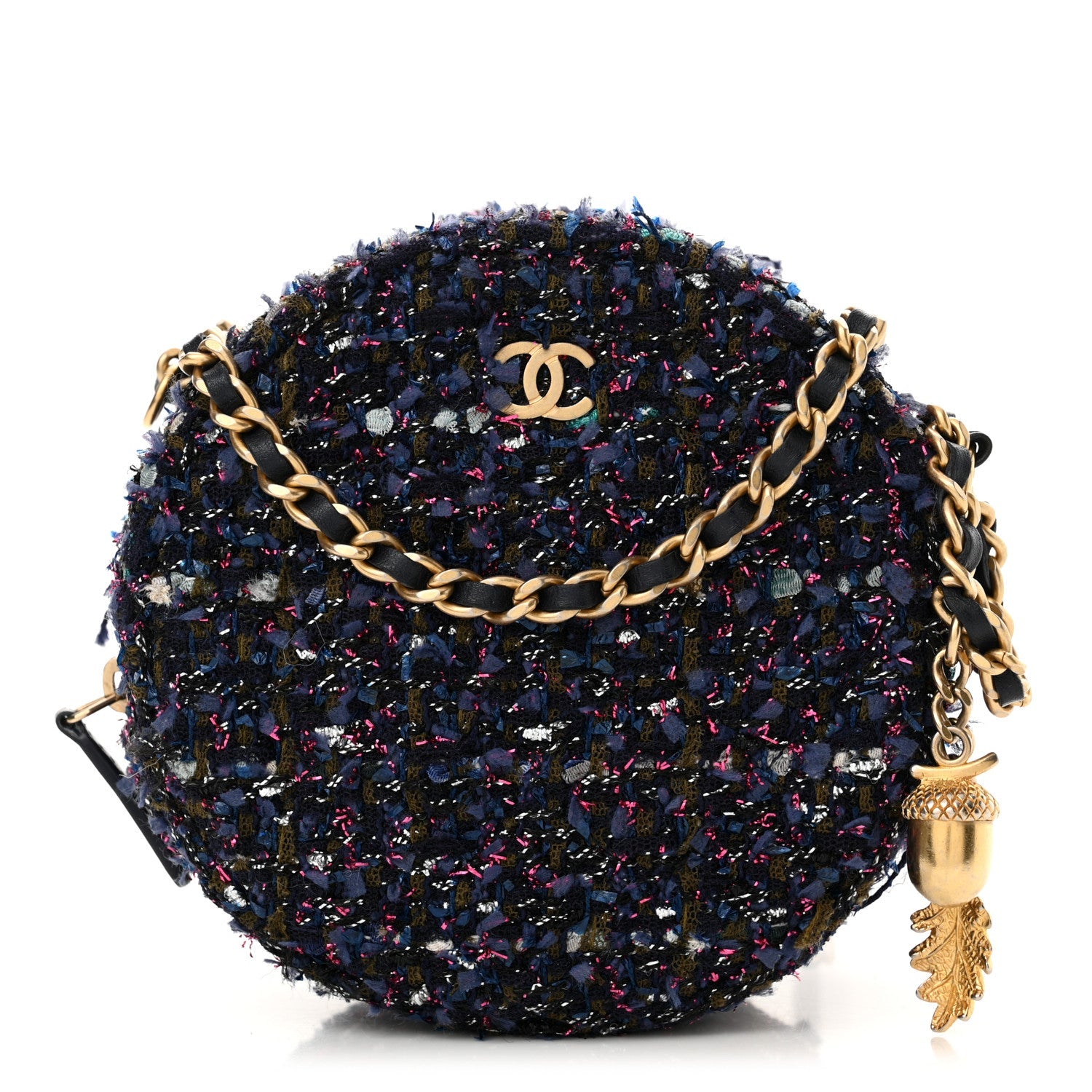 Tweed Quilted Round Clutch With Chain Multicolor