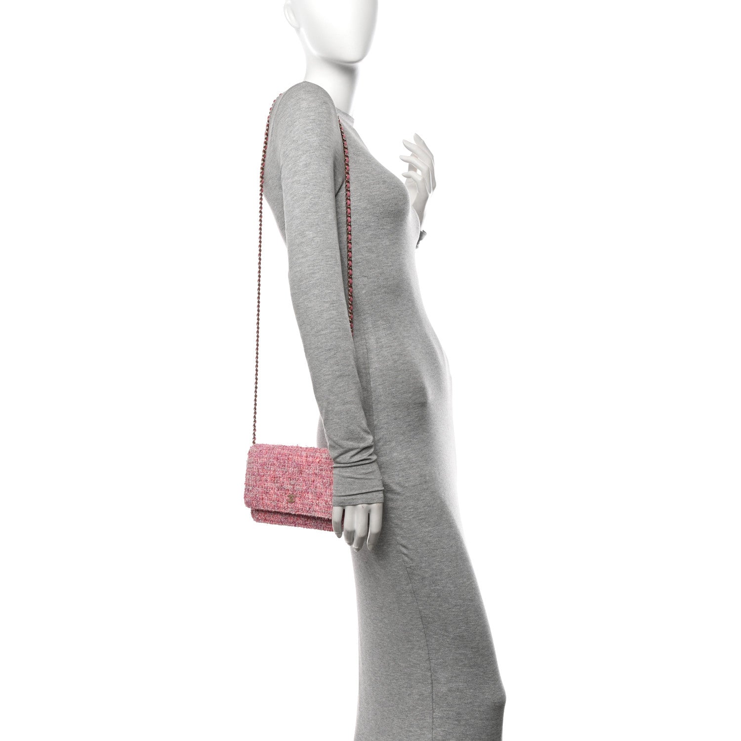 Tweed Quilted Wallet On Chain WOC Pink
