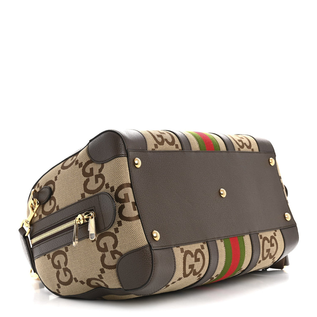 Monogram Jumbo GG Textured Dollar Calfskin Web Medium Duffle Bag Camel Ebony