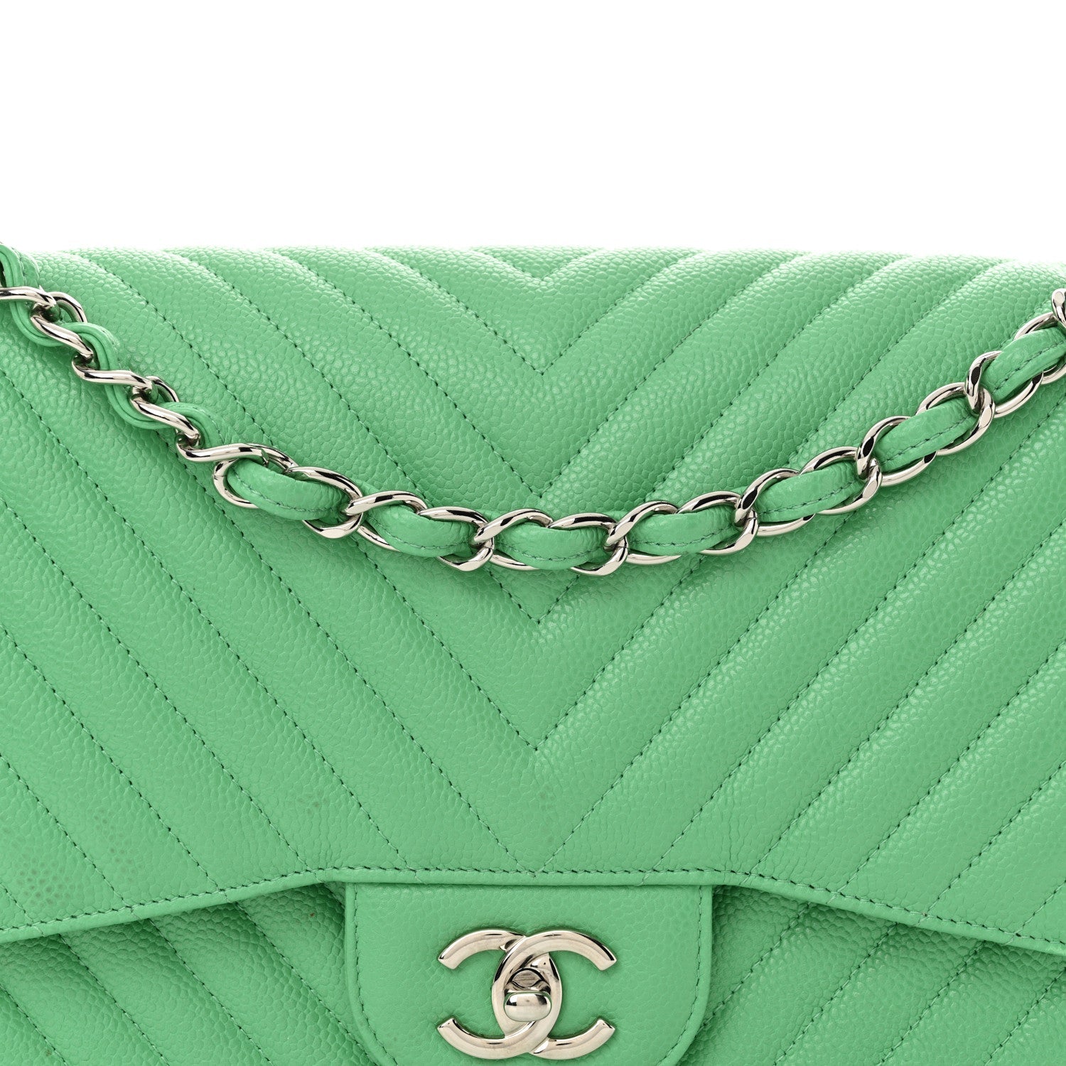 Caviar Chevron Quilted Jumbo Double Flap Green
