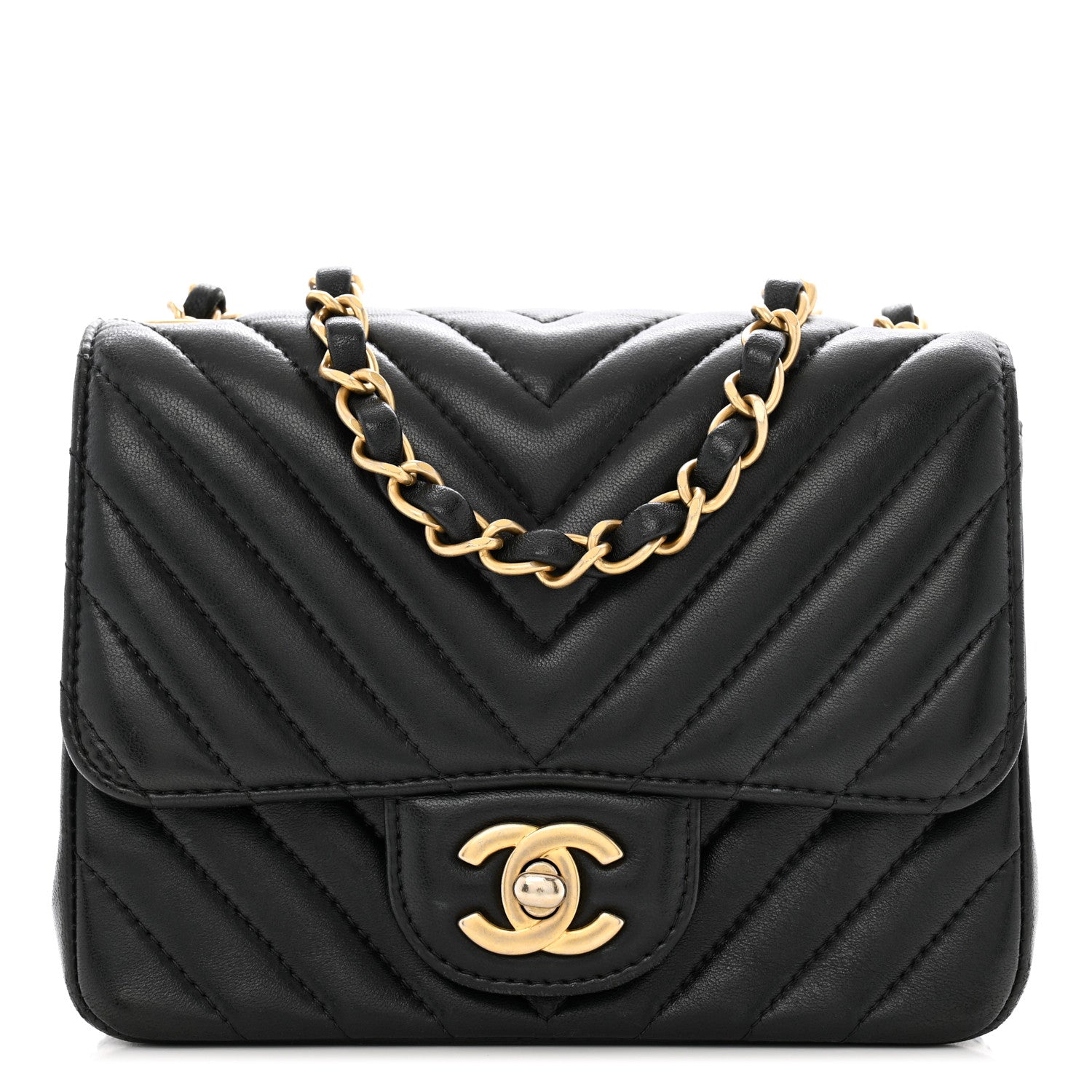 Lambskin Chevron Quilted Mini Square Flap Black