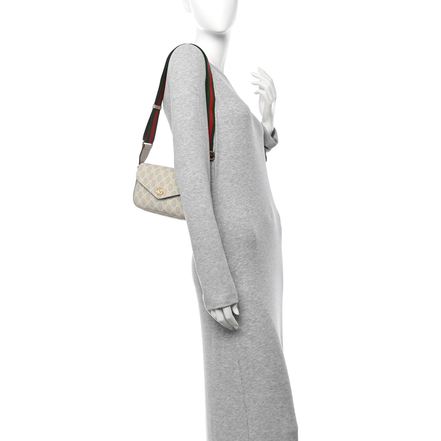 GG Supreme Monogram Textured Dollar Calfskin Web Mini Ophidia Envelope Shoulder Bag Beige Mystic White Oatmeal