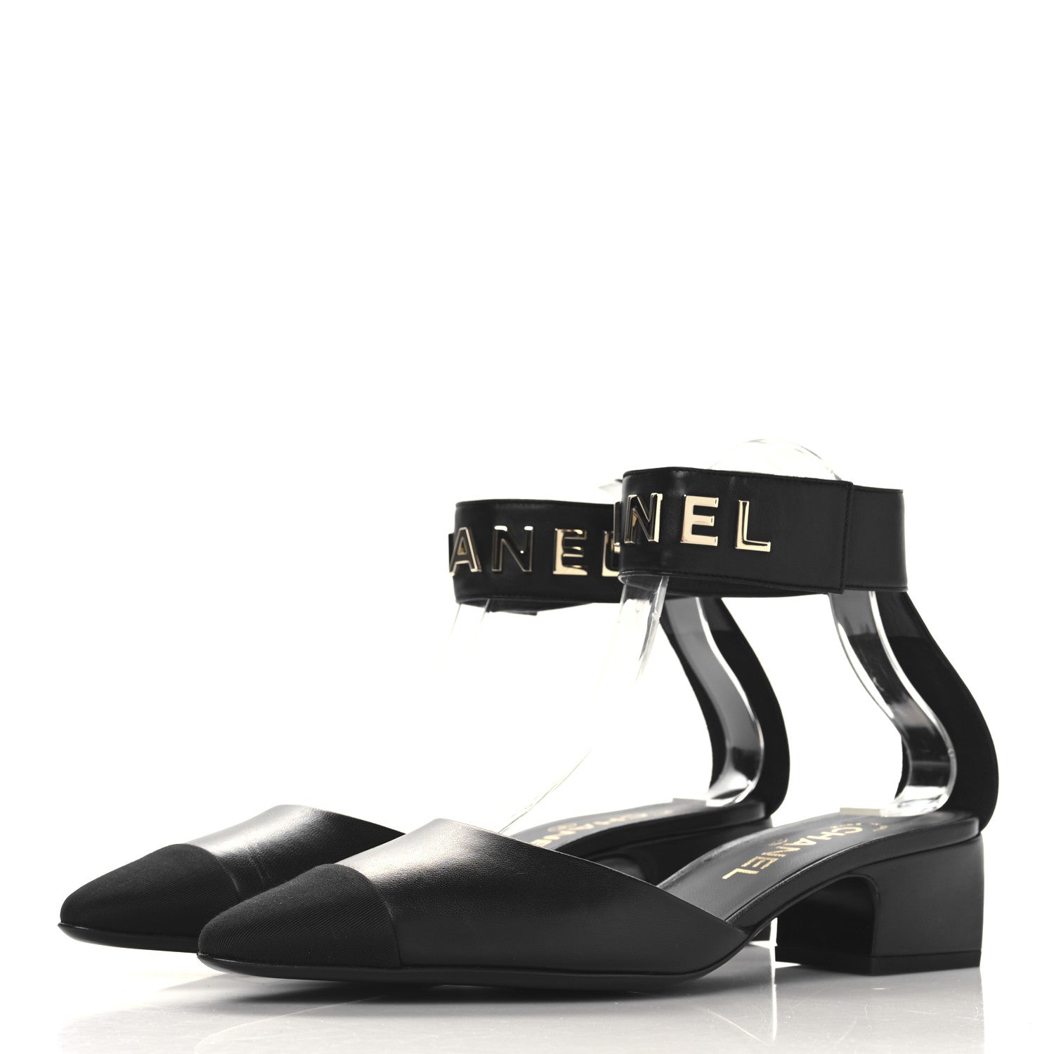 Lambskin Grosgrain Cap Toe Logo Ankle Strap Pumps 39 Black