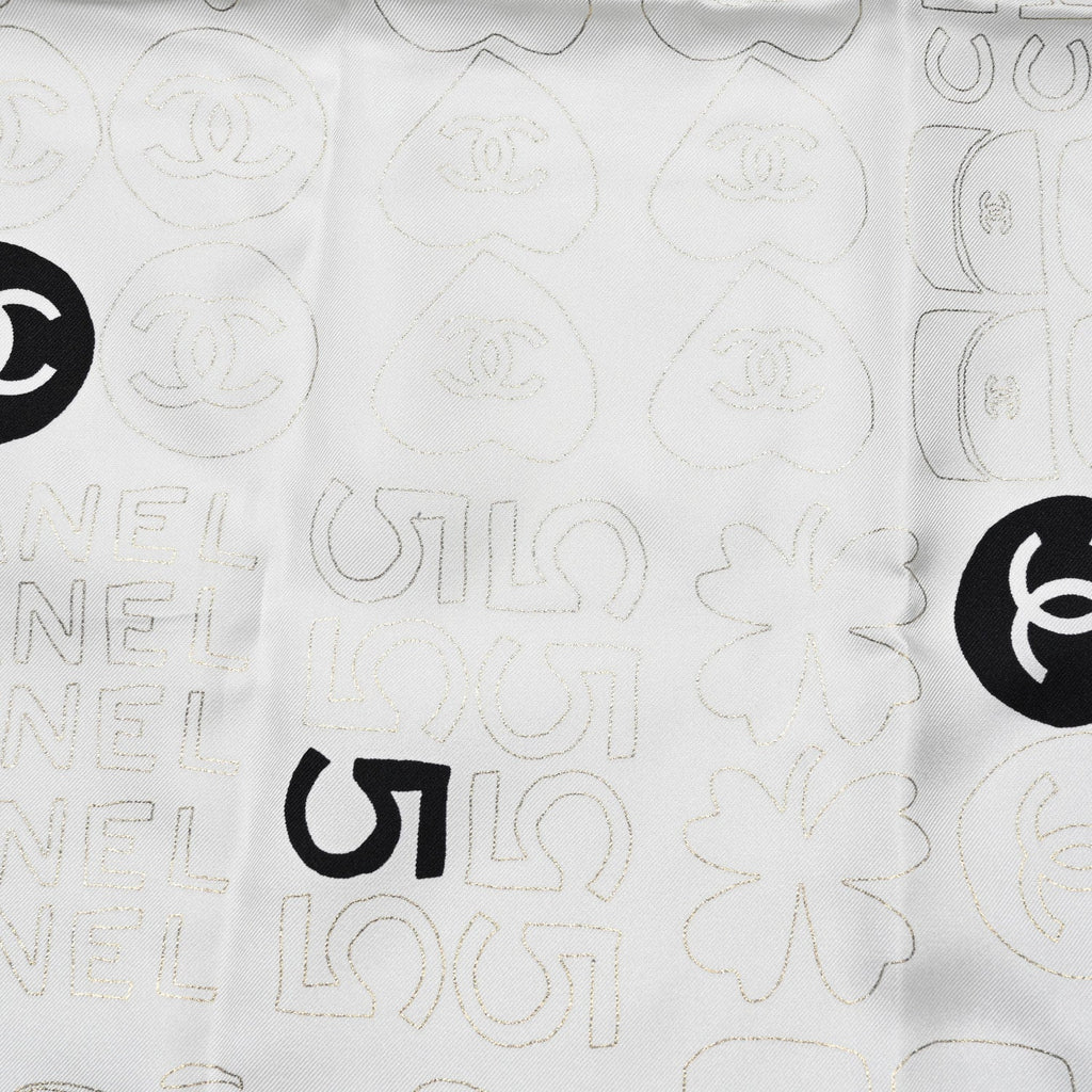 Silk CC Logo Charms Scarf White Gold Black